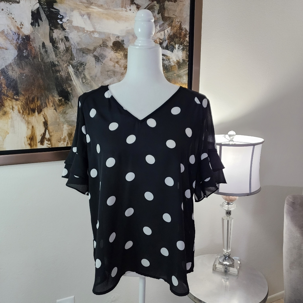 Worthington Polka Dot Chiffon Top w Bell-Like Sleeves